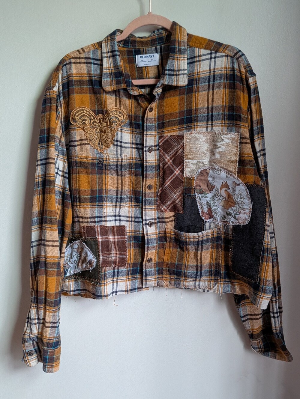 HANDMADE Reworked Yellow Plaid Autumnal Animals Bohemian Cotton Shirt Jacket XXL